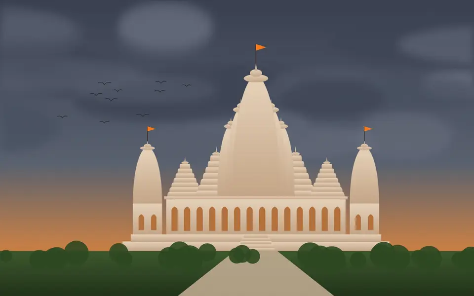 Illustration of a sandstone temple under a monsoon sky