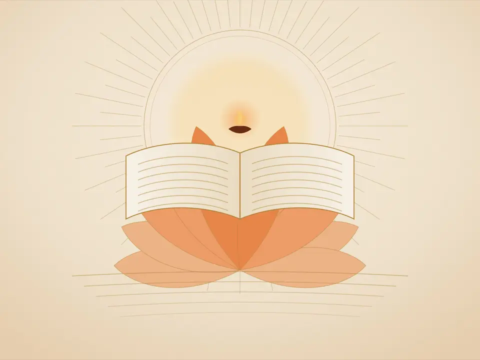 Illustration of an open book resting on a lotus beside a lit diya
